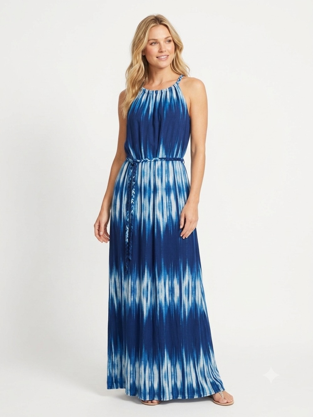 Tommy Bahama Petra Sleeveless Halter Maxi Dress Blue Tie Dye Ikat XS